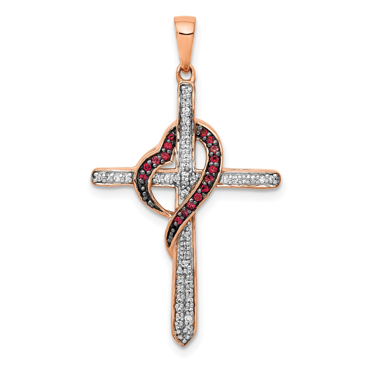 14k Rose Gold Diamond Cross Pendant with Red and Black Stones, Religious Charm for Men and Women