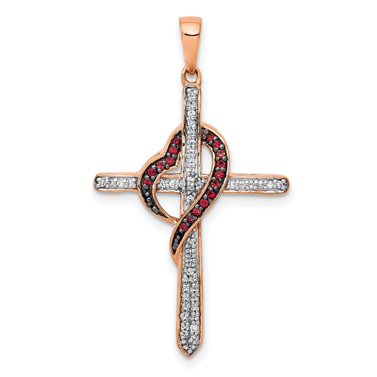 Red and White Diamond Cross with Heart Charm Pendant in Real 14k Rose Gold