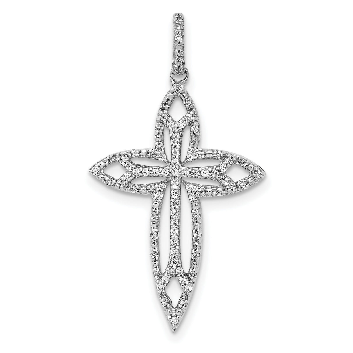 14k White Gold Cross Pendant with Diamond Accent, Openwork Religious Design