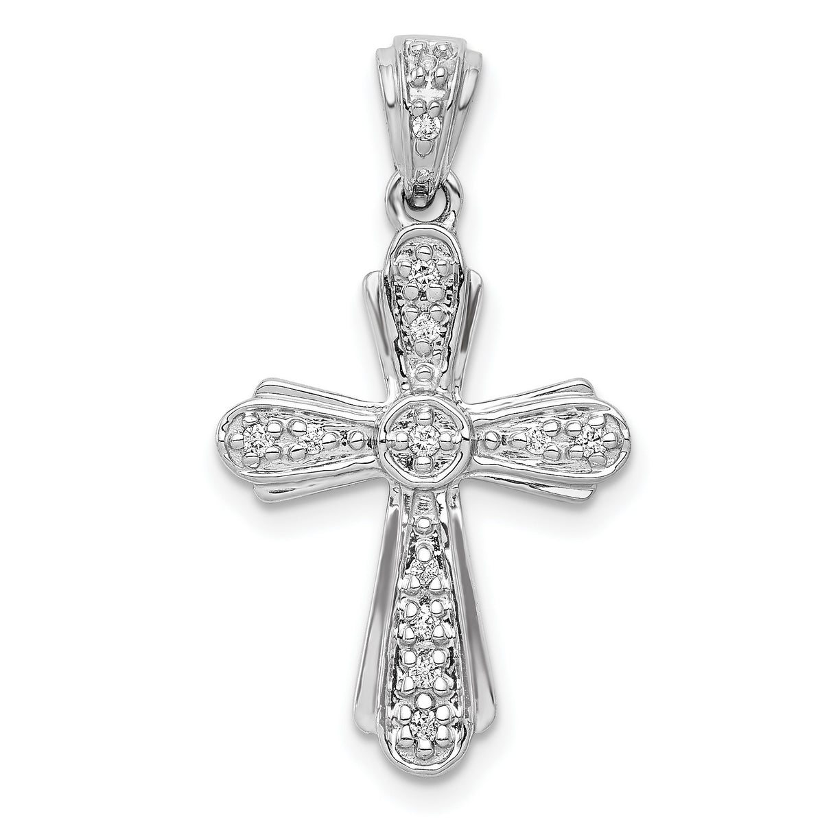 14k White Gold Diamond Cross Pendant, Polished Modern Religious Charm for Men and Women