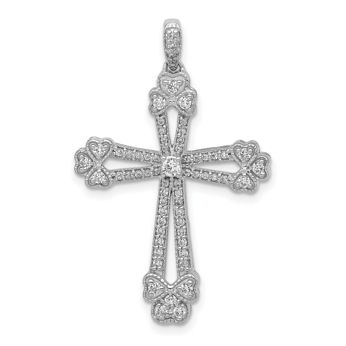 14k White Gold Diamond Cross Pendant, Budded Open Design Religious Jewelry for Men and Women