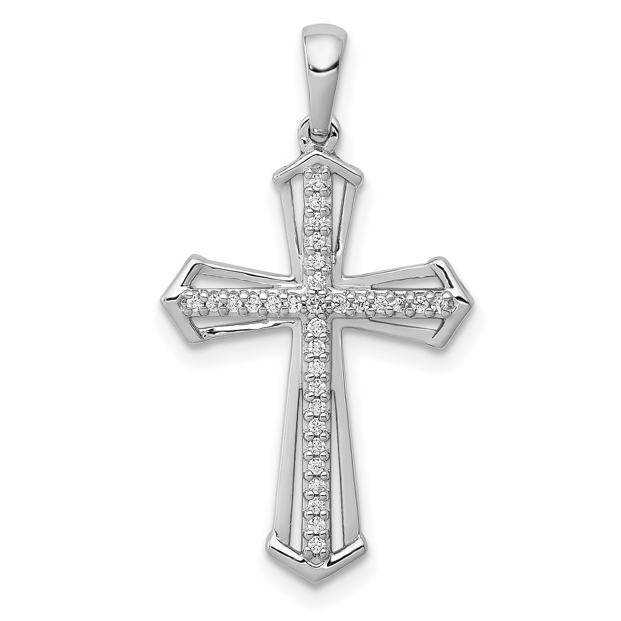 14k White Gold Diamond Cross Pendant, Beveled Edge, Polished Minimalist Style