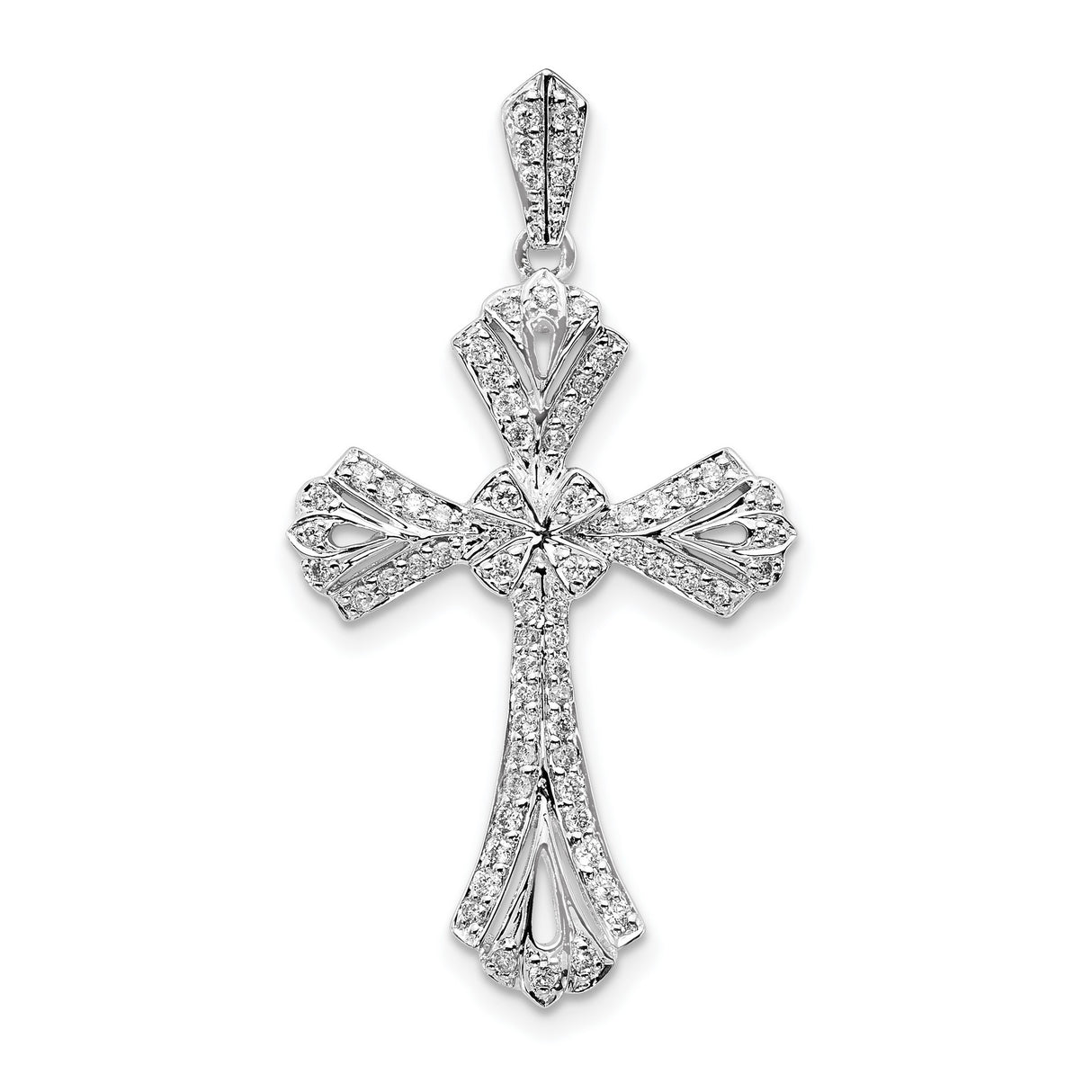 14k White Gold Cross Pendant with Diamond Flared Arms, Polished Religious Charm