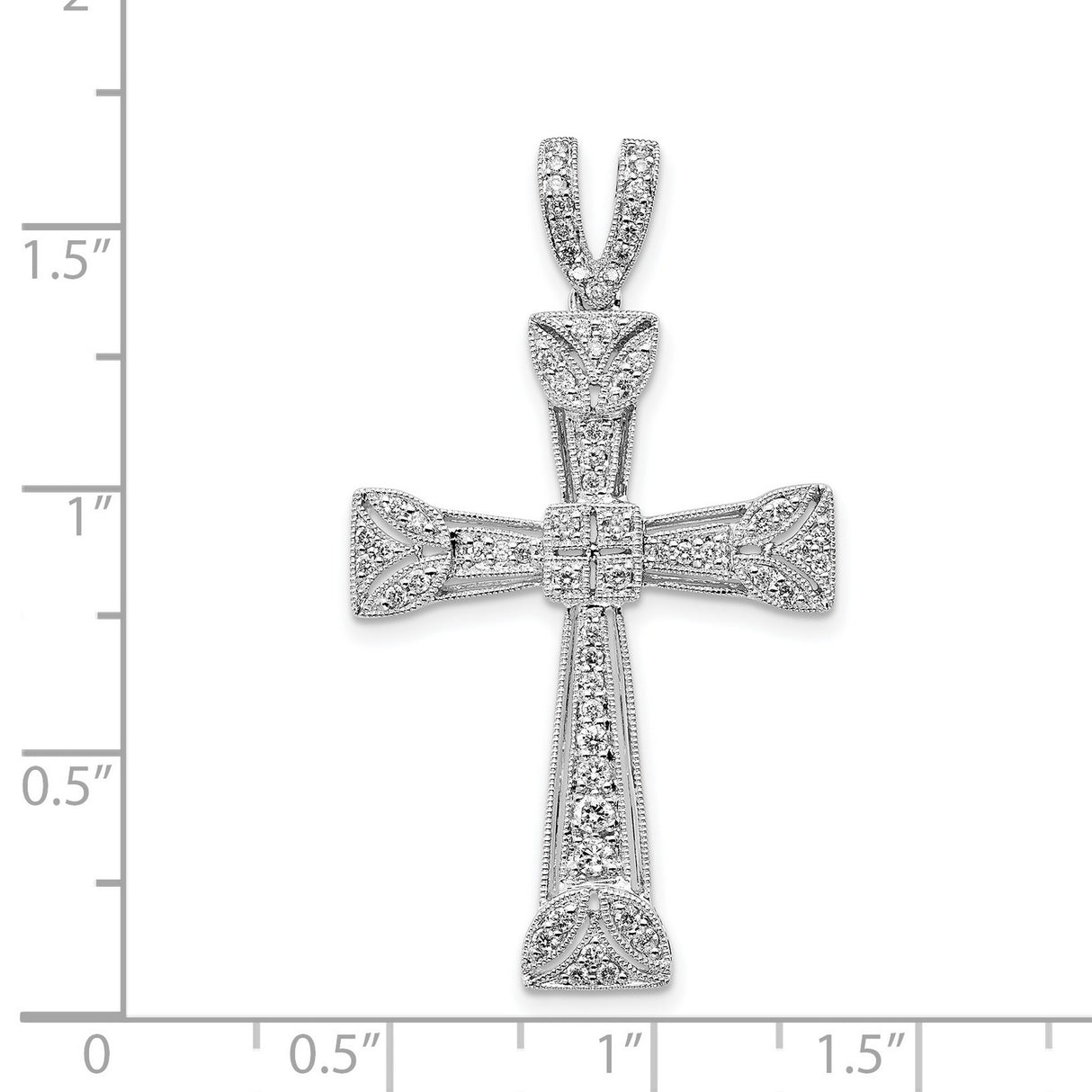 14k White Gold Diamond Cross Pendant with Filigree Detail and Vintage Leaf Motif Design