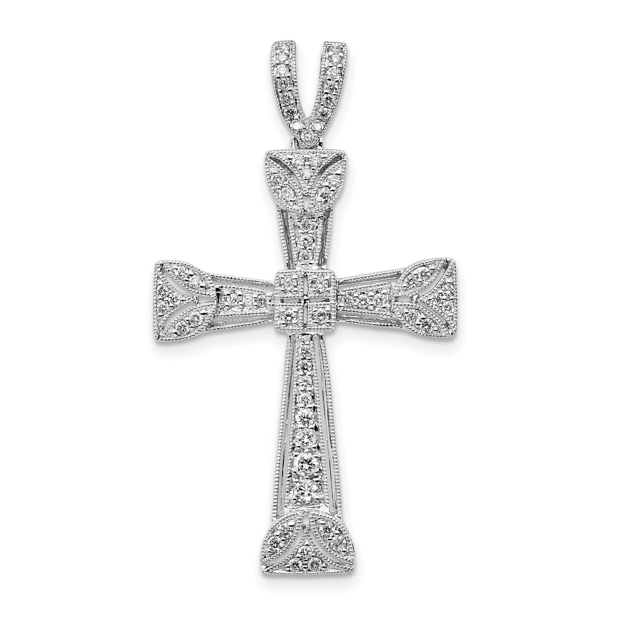 14k White Gold Diamond Cross Pendant with Filigree Detail and Vintage Leaf Motif Design