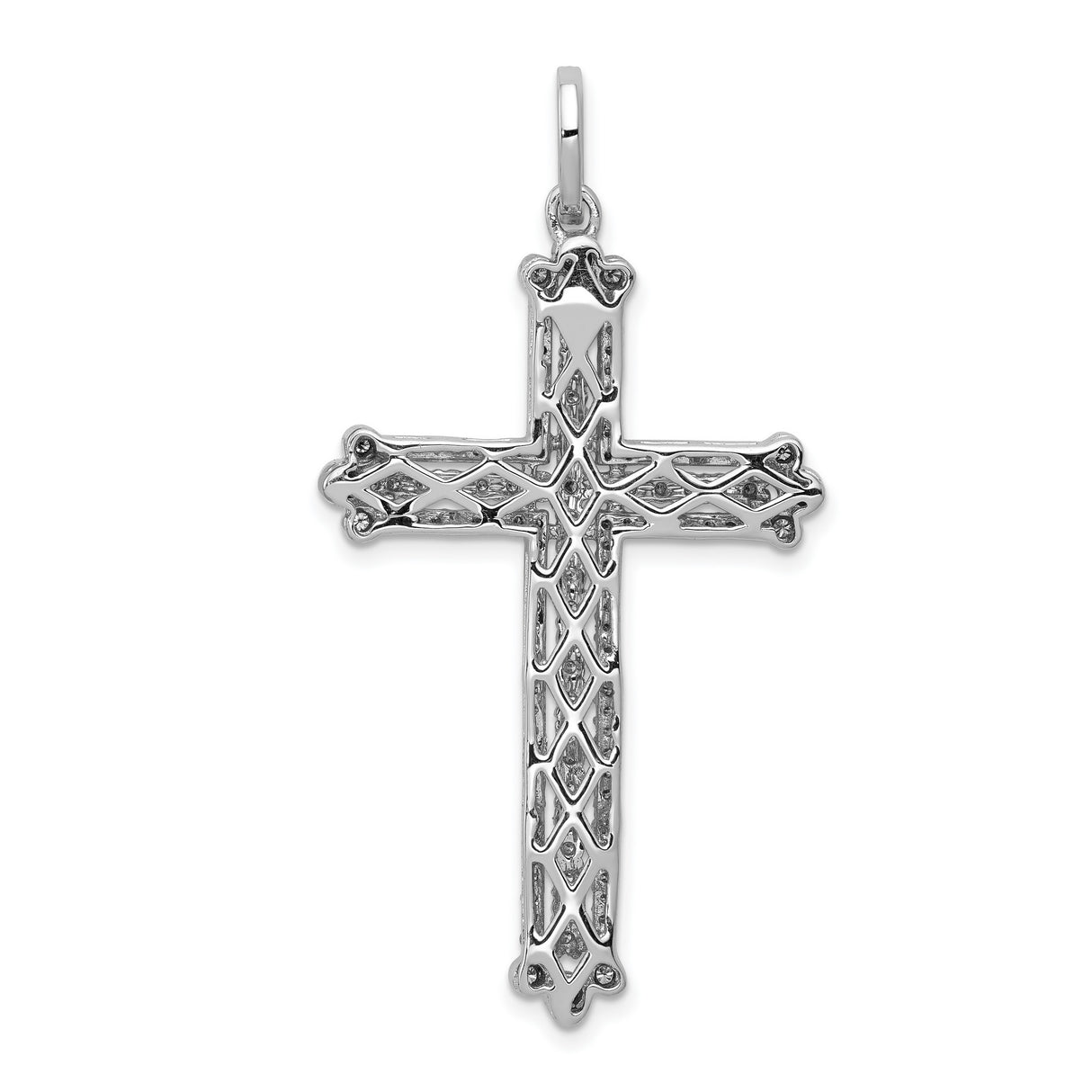 14k White Gold Diamond Cross Pendant, Budded Religious Charm with Rhodium Finish