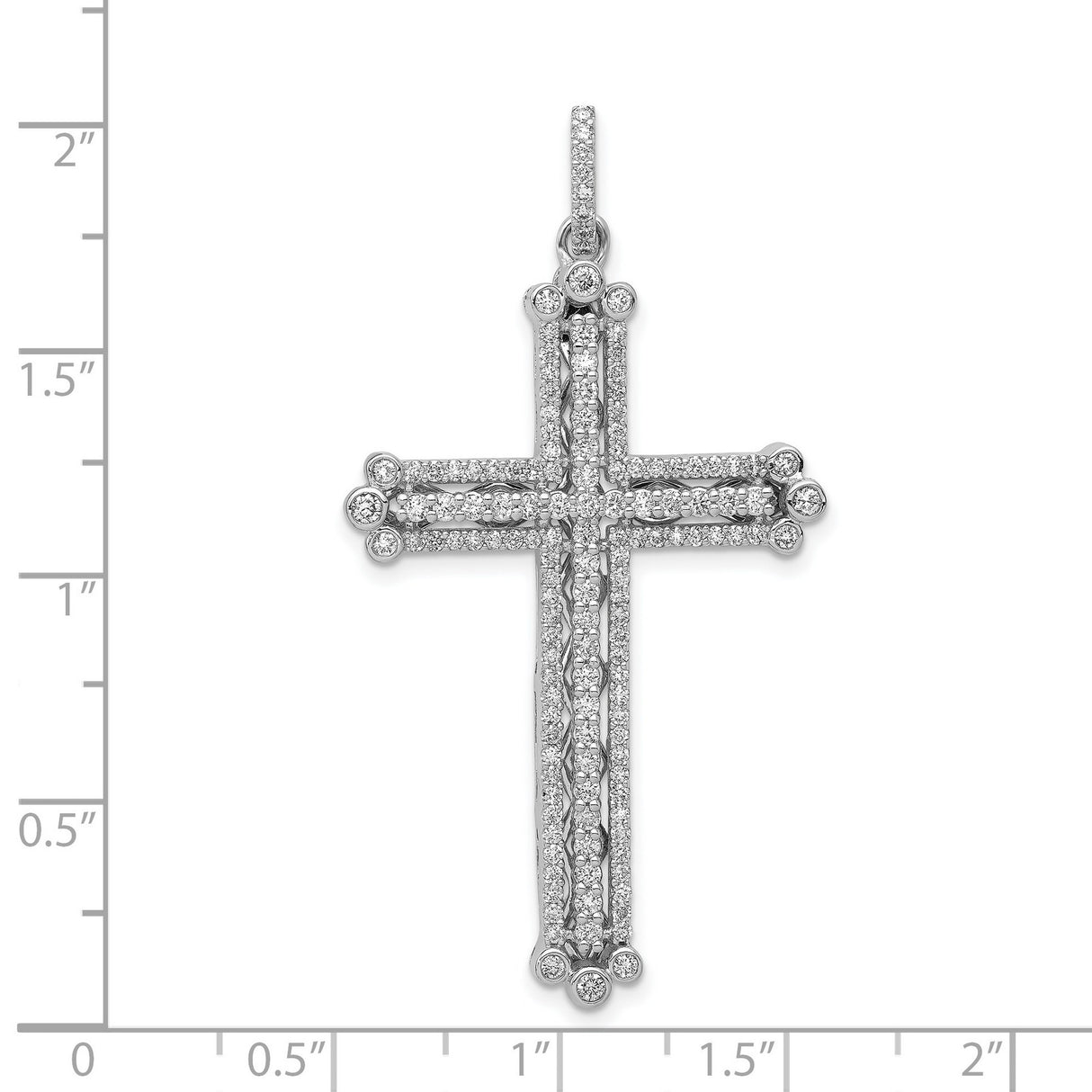 14k White Gold Diamond Cross Pendant, Budded Religious Charm with Rhodium Finish