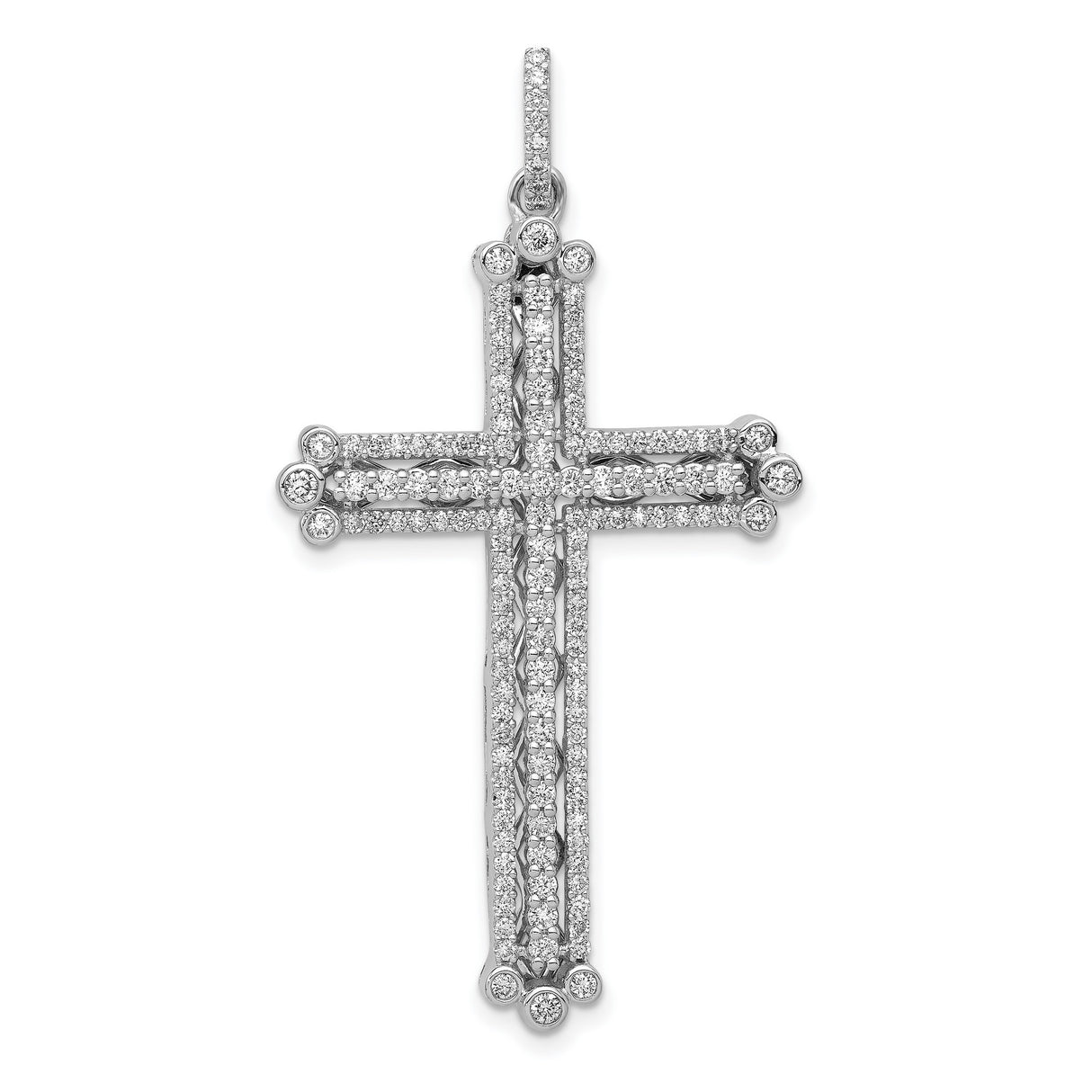 14k White Gold Diamond Cross Pendant, Budded Religious Charm with Rhodium Finish