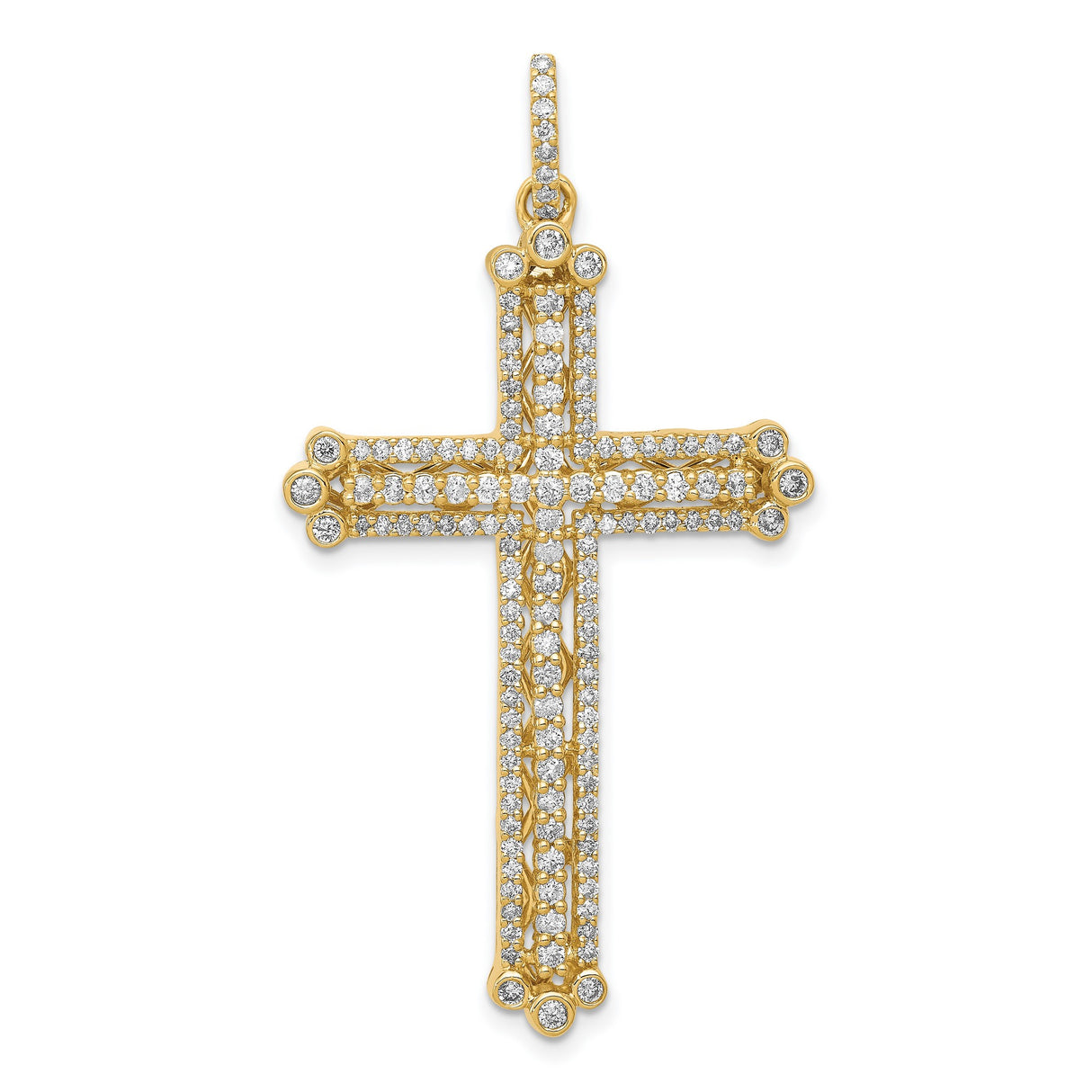 14k Yellow Gold Cross Pendant with Diamond Accents, Budded Filigree Design