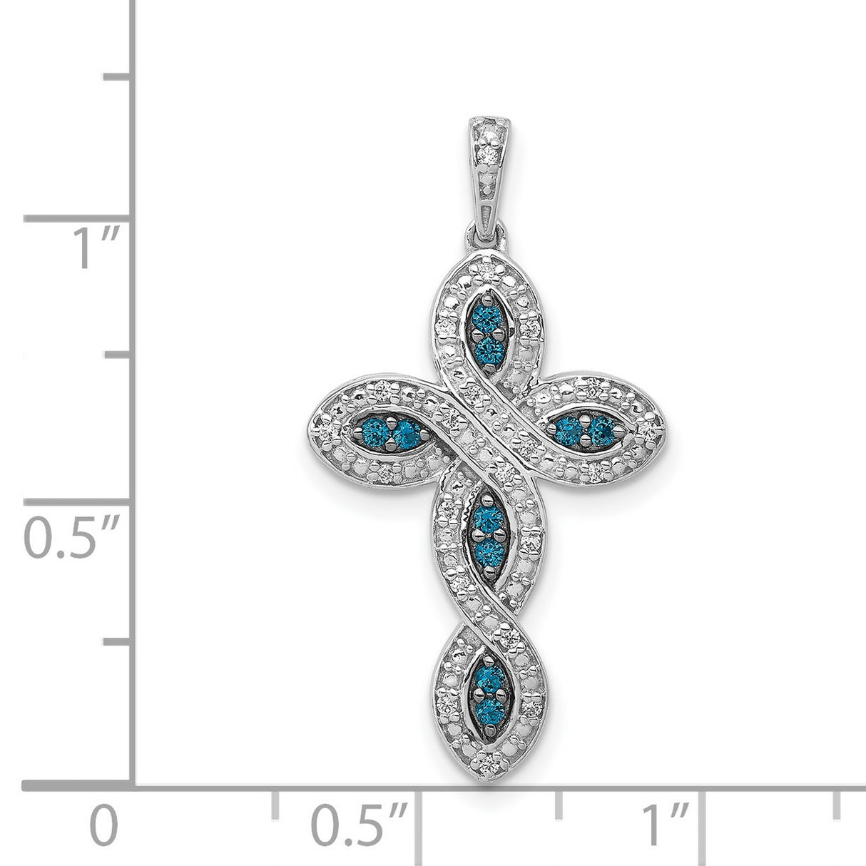 14k White Gold Cross Pendant with Blue Diamond, Pave Setting, Twisted Halo Design
