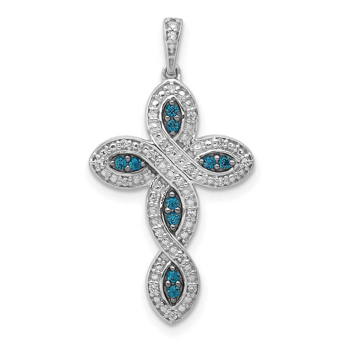 14k White Gold Cross Pendant with Blue Diamond, Pave Setting, Twisted Halo Design