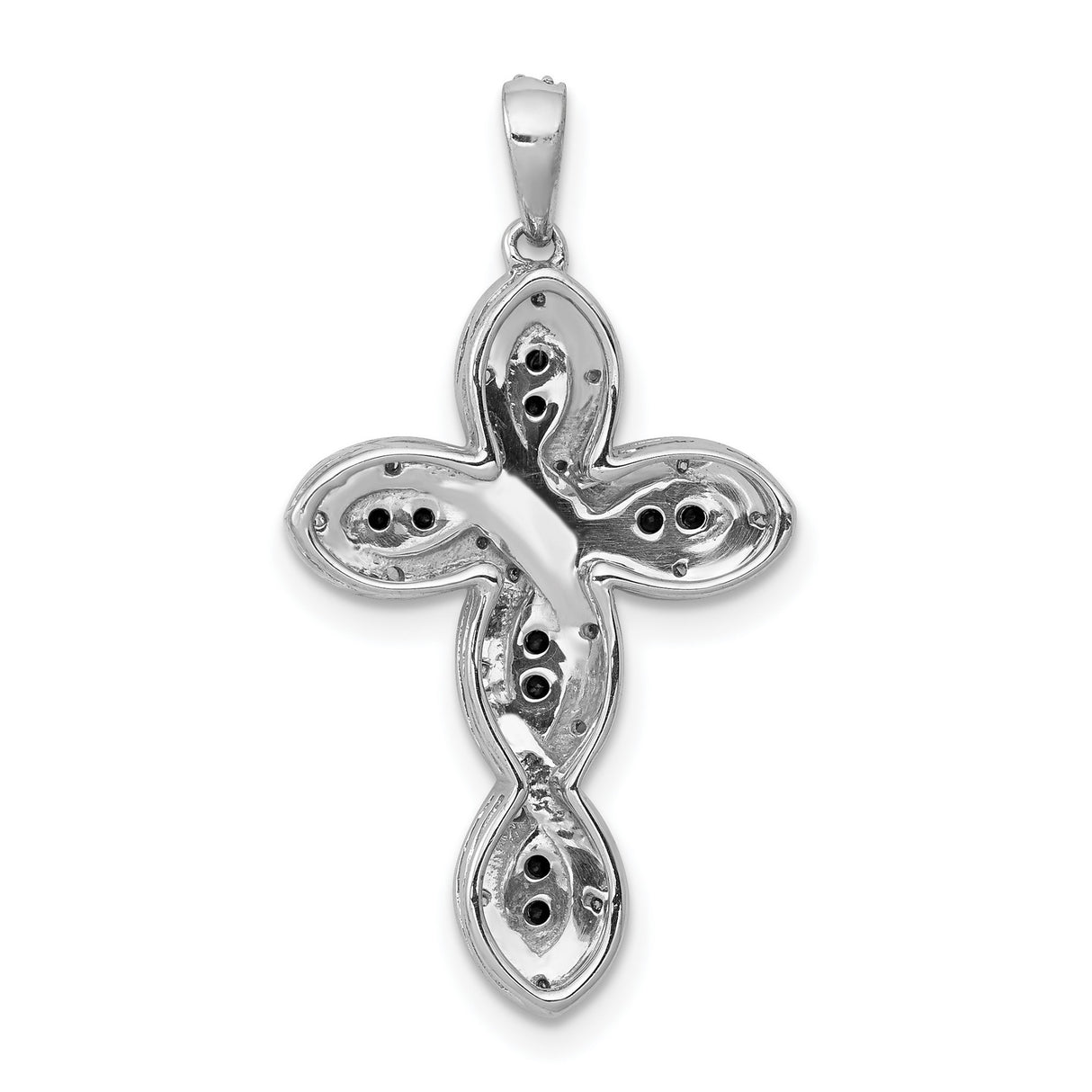 14k White Gold Cross Pendant with Black and White Diamonds, Marquise Accent, Unisex Religious Jewelry