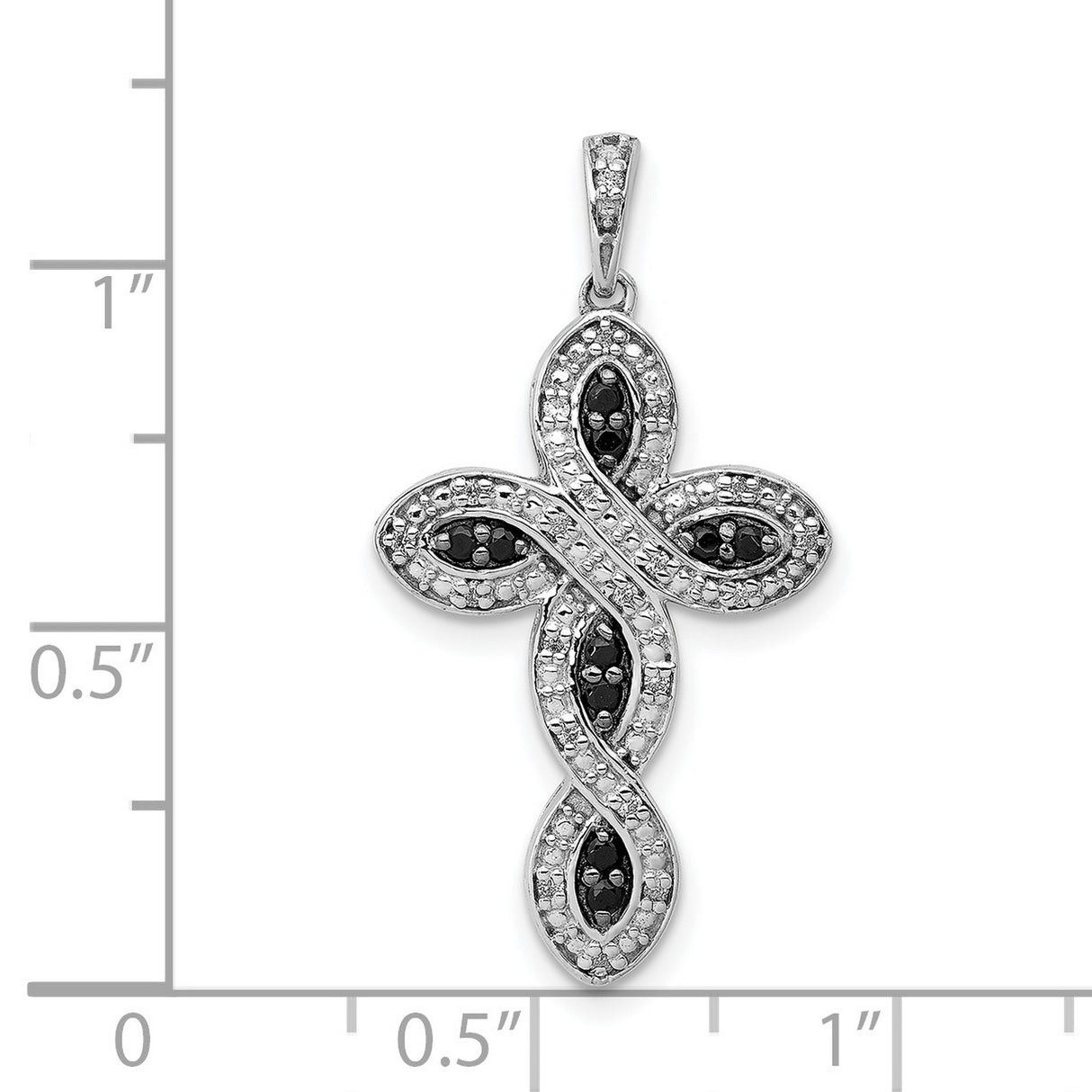 14k White Gold Cross Pendant with Black and White Diamonds, Marquise Accent, Unisex Religious Jewelry