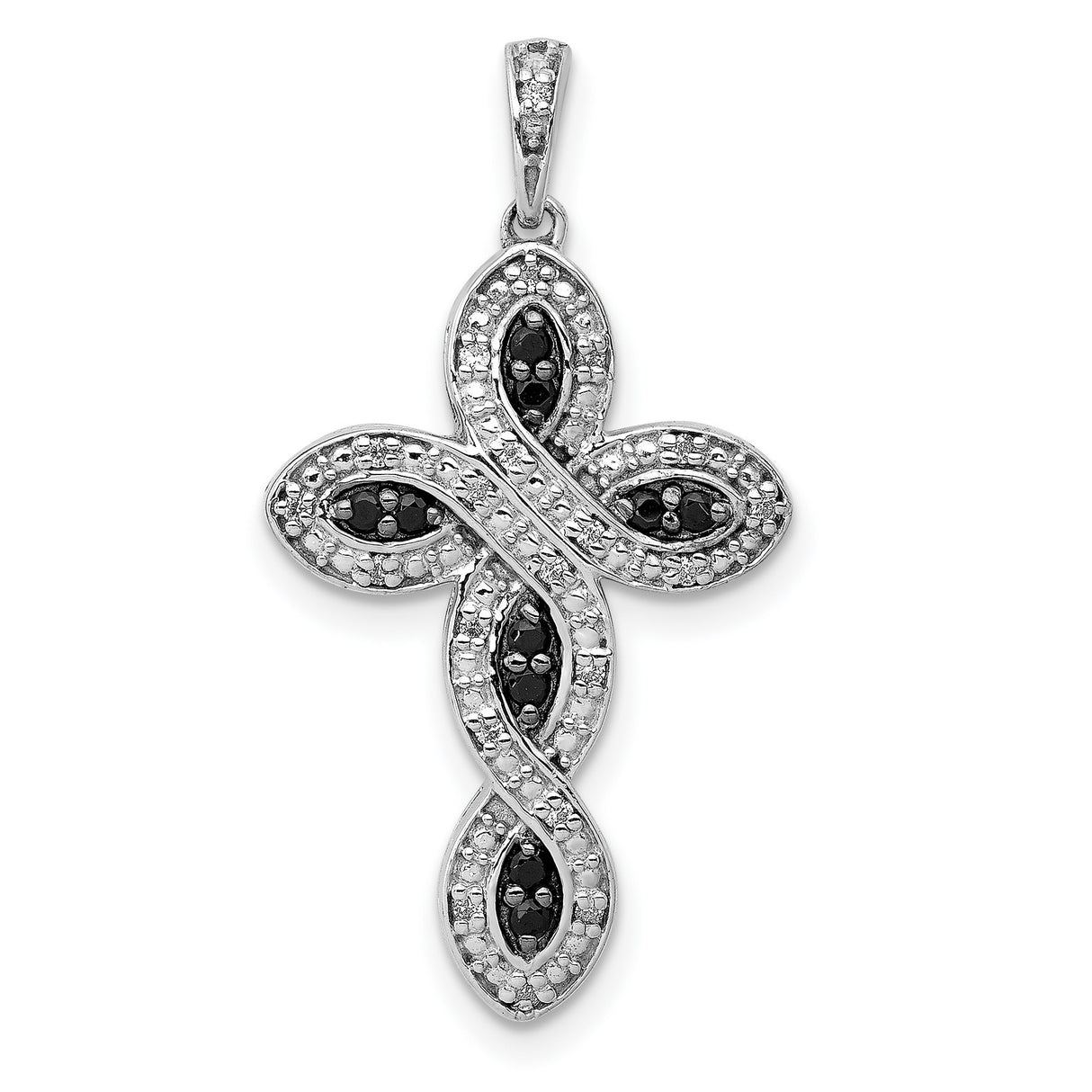 14k White Gold Cross Pendant with Black and White Diamonds, Marquise Accent, Unisex Religious Jewelry