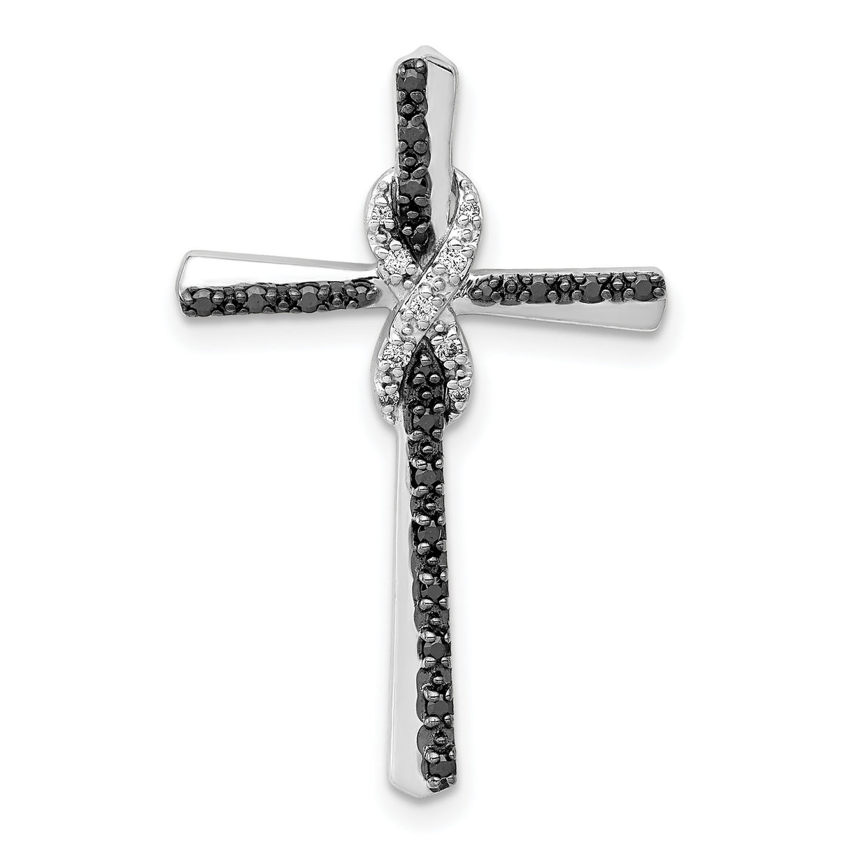 14k White Gold Infinity Cross Pendant with Black and White Diamonds, Modern Religious Charm