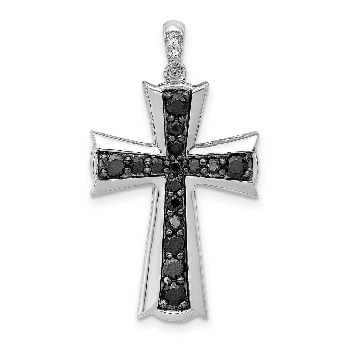 14k White Gold Cross Pendant with Black Diamond, Beveled Design for Men and Women