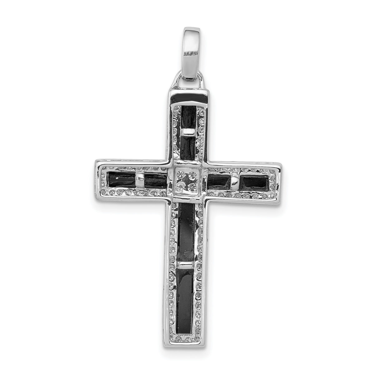 14k White Gold Cross Pendant with Onyx and Diamond, Black Inlay, Religious Statement Jewelry