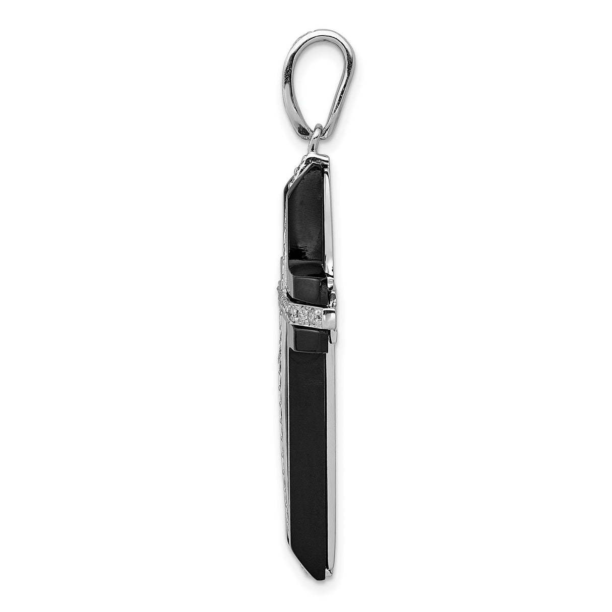 14k White Gold Cross Pendant with Onyx and Diamond, Modern Religious Design