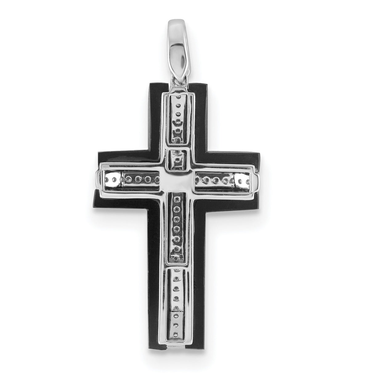 14k White Gold Cross Pendant with Onyx and Diamond, Modern Religious Design