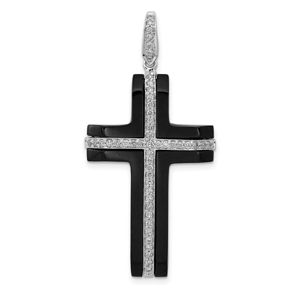 14k White Gold Cross Pendant with Onyx and Diamond, Modern Religious Design