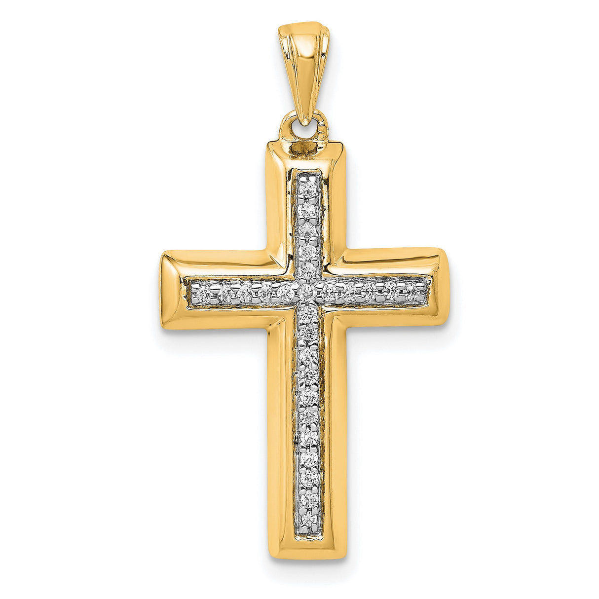 14k Yellow Gold Diamond Cross Pendant with Channel Set Round Stones, Polished Finish, Unisex Religious Jewelry