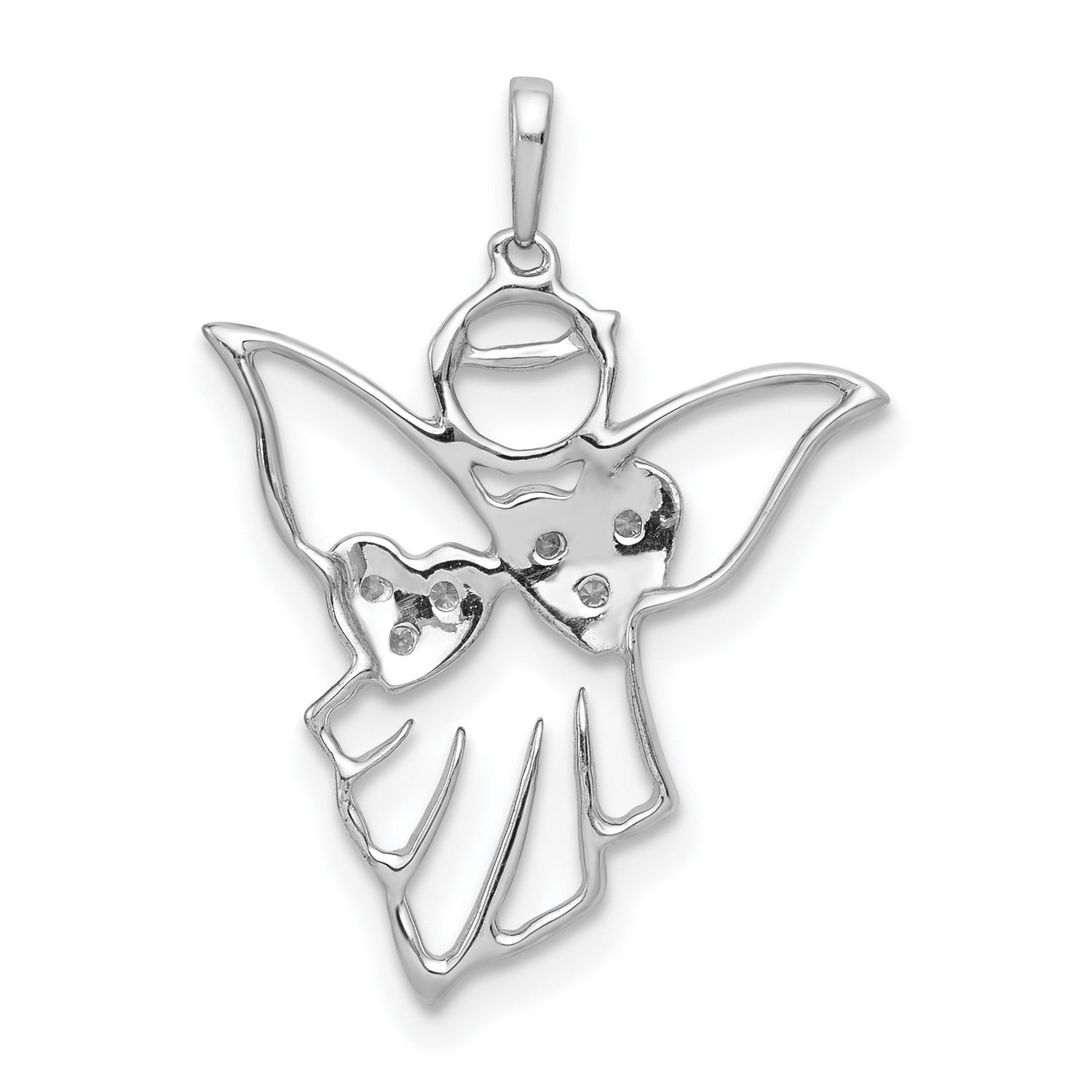 14k White Gold Angel Pendant with Diamond Accents, Open Heart Religious Charm for Women