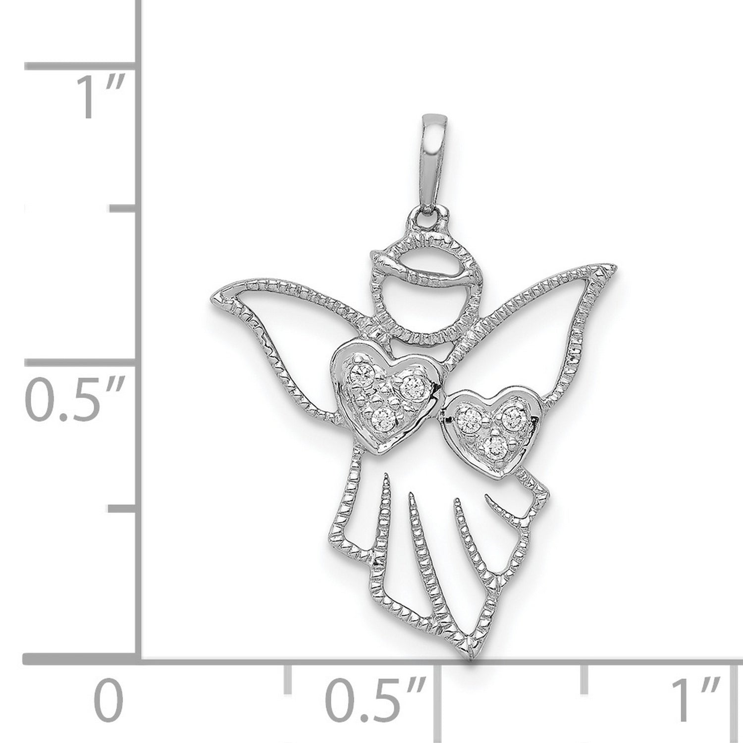 14k White Gold Angel Pendant with Diamond Accents, Open Heart Religious Charm for Women