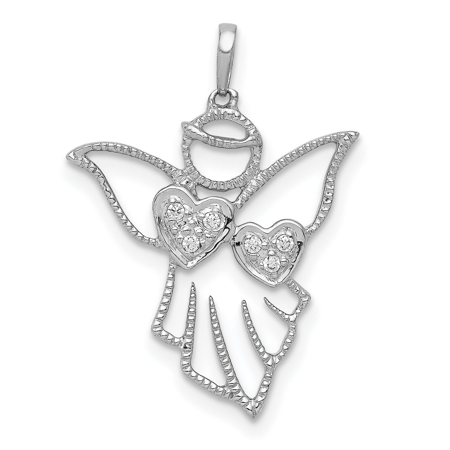 14k White Gold Angel Pendant with Diamond Accents, Open Heart Religious Charm for Women