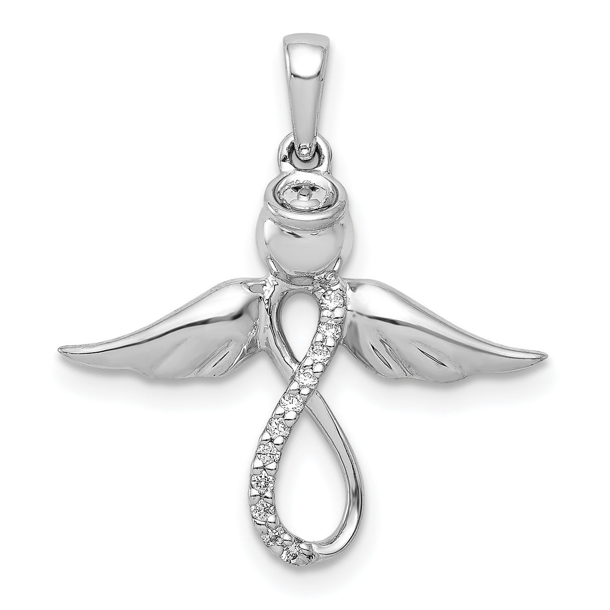 14k White Gold Angel Pendant with Cubic Zirconia, Infinity and Wing Design, Spiritual Symbol for Women
