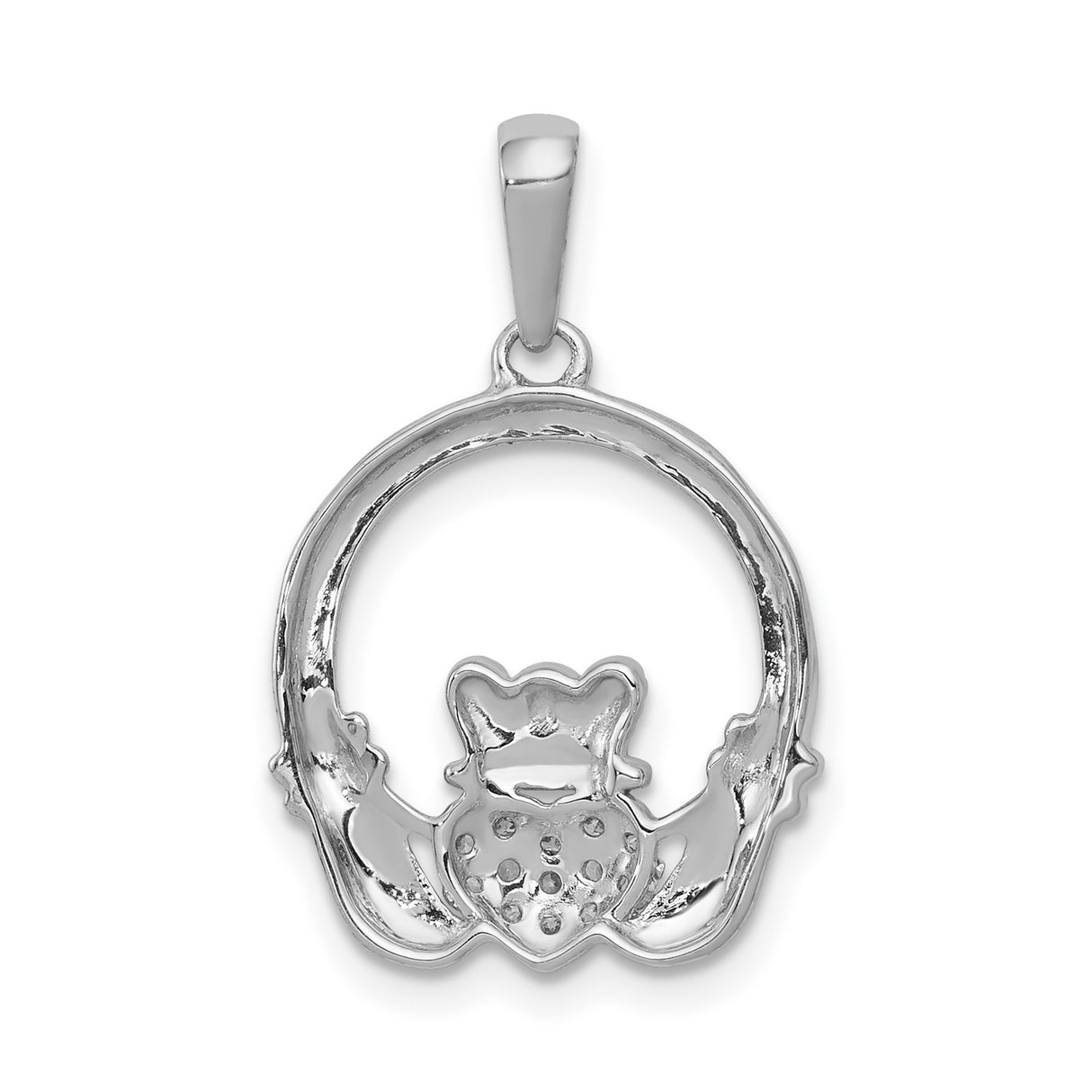14k White Gold Claddagh Pendant with Diamond, Celtic Crown Heart and Hands Design for Women