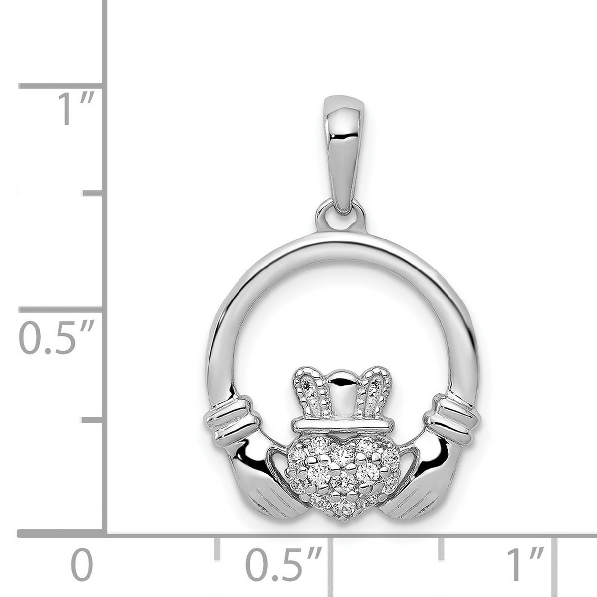 14k White Gold Claddagh Pendant with Diamond, Celtic Crown Heart and Hands Design for Women
