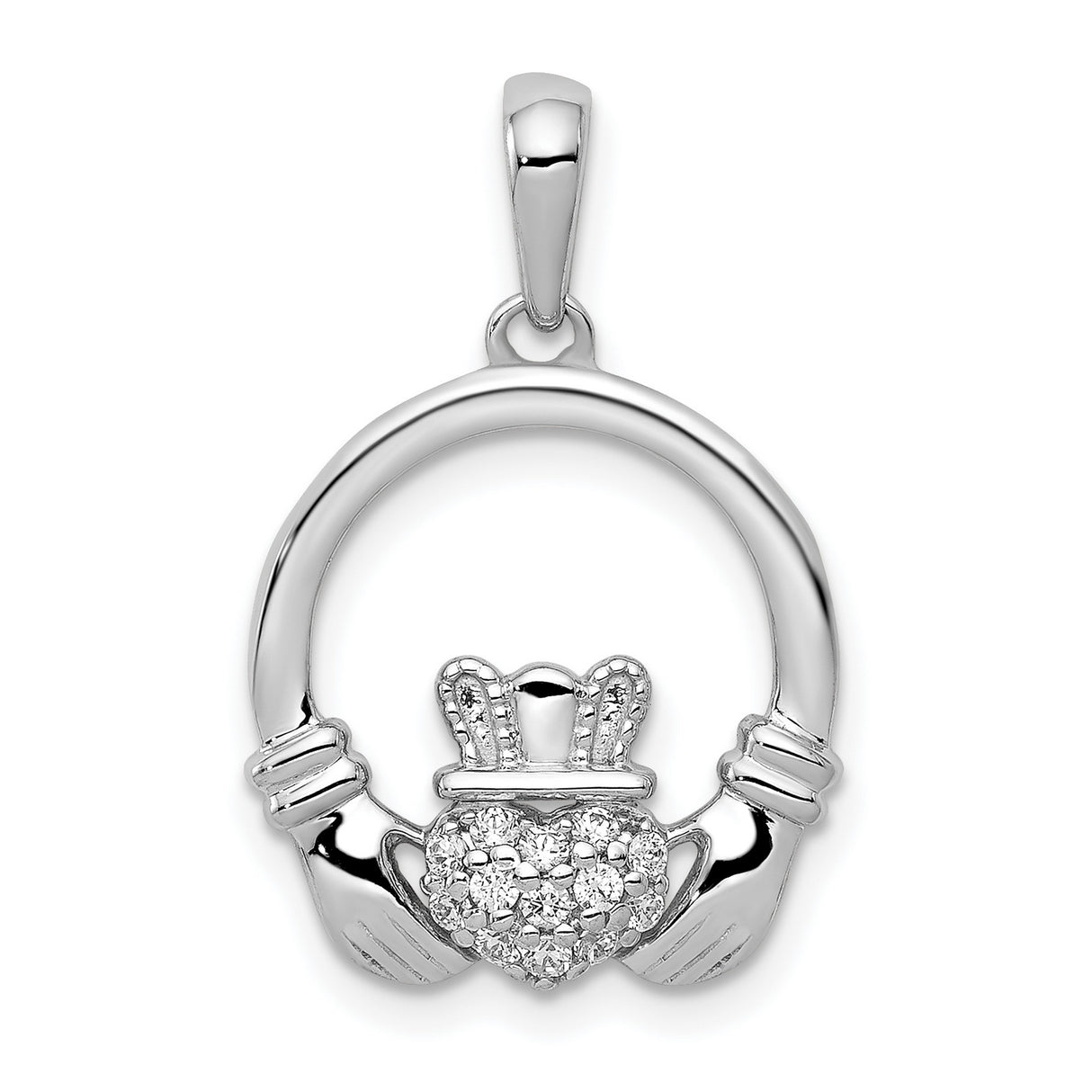 14k White Gold Claddagh Pendant with Diamond, Celtic Crown Heart and Hands Design for Women