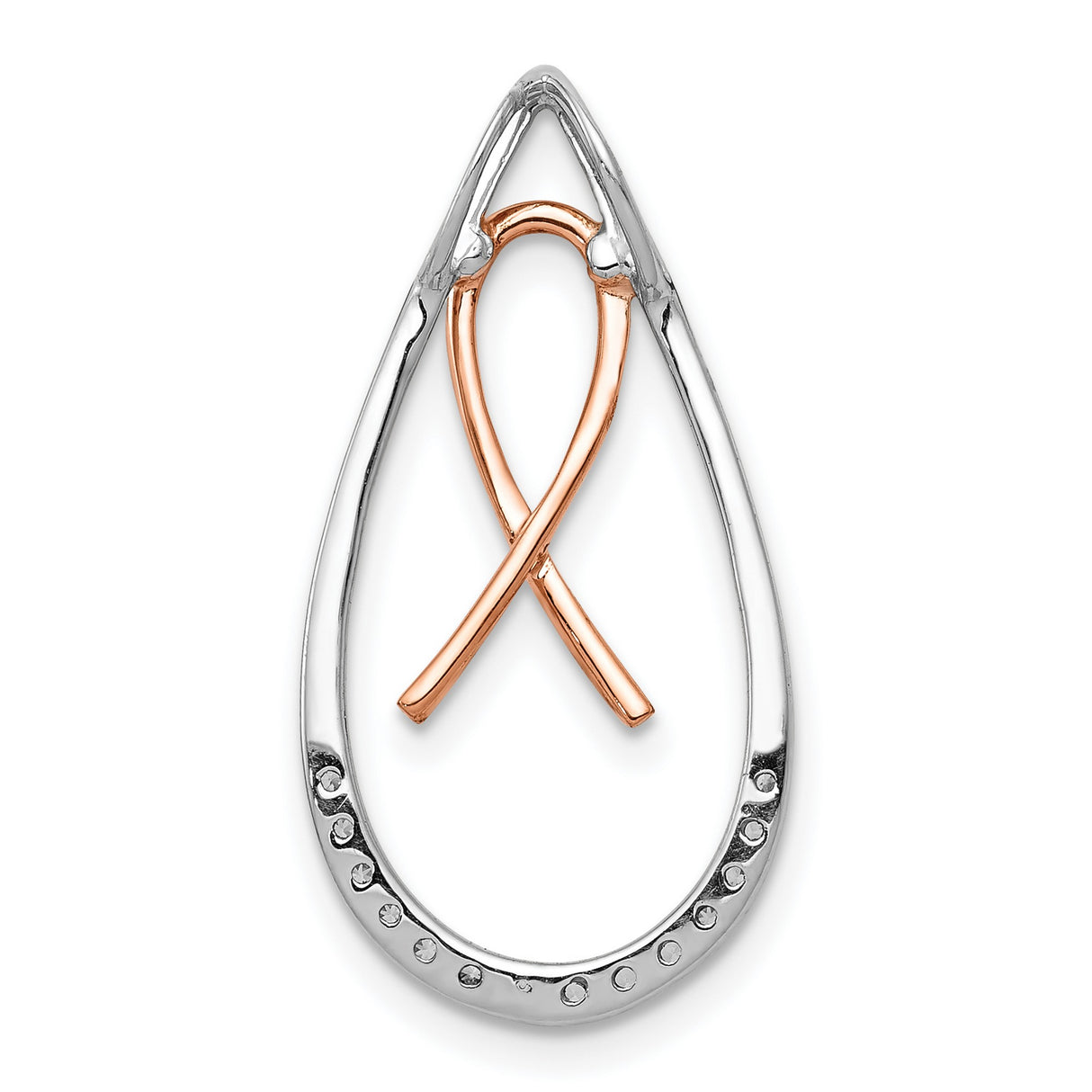 14k Two-Tone Gold Diamond Pendant with Rose Gold Awareness Ribbon in Teardrop Frame