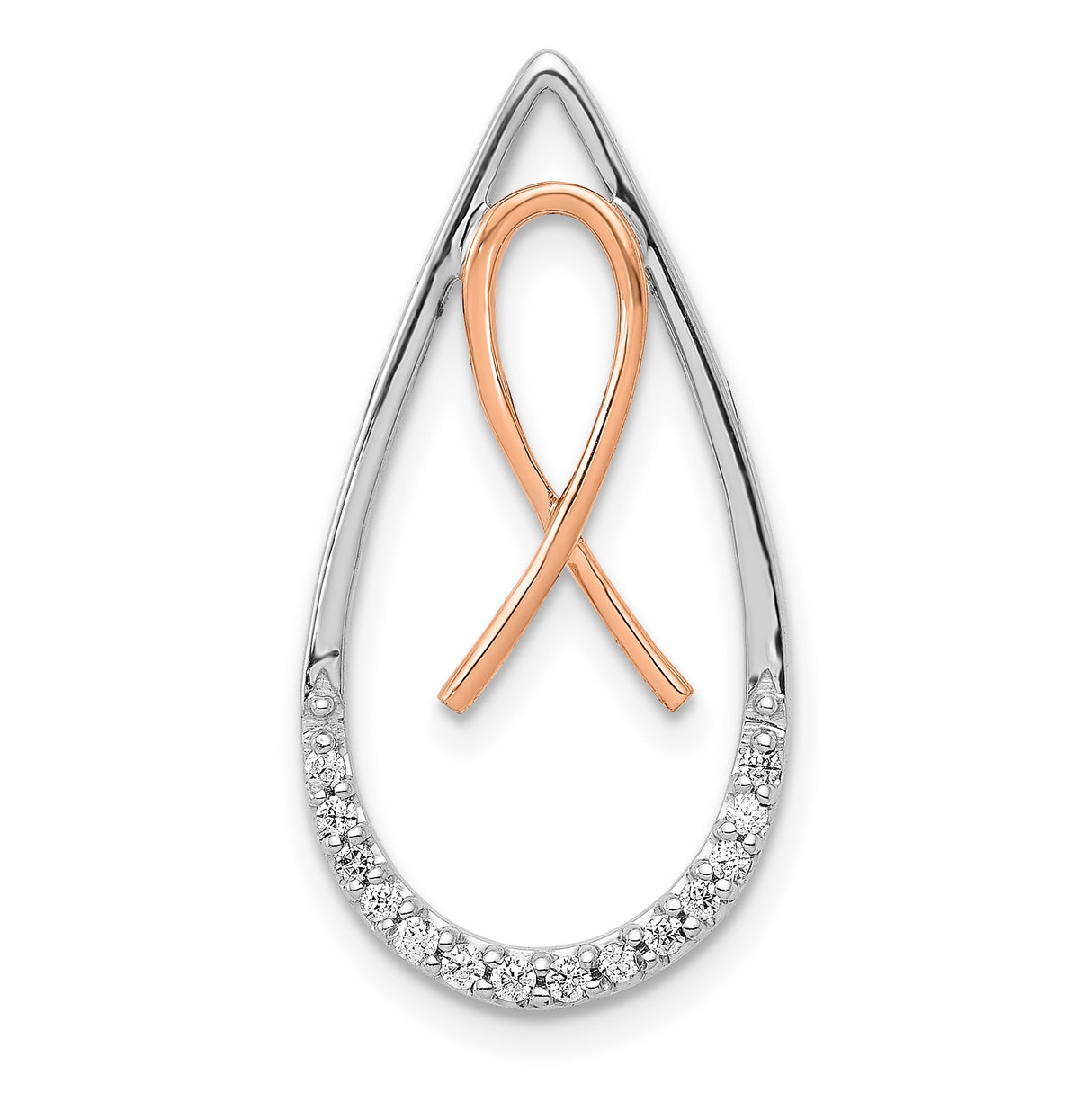 14k Two-Tone Gold Diamond Pendant with Rose Gold Awareness Ribbon in Teardrop Frame