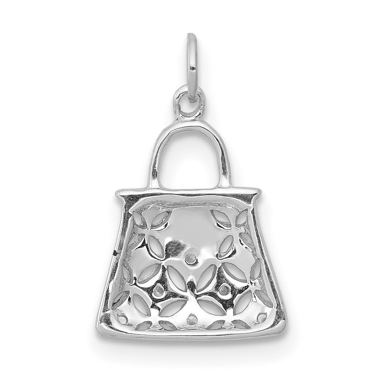 14k White Gold Handbag Charm Pendant with Diamond Accents and Floral Filigree Design