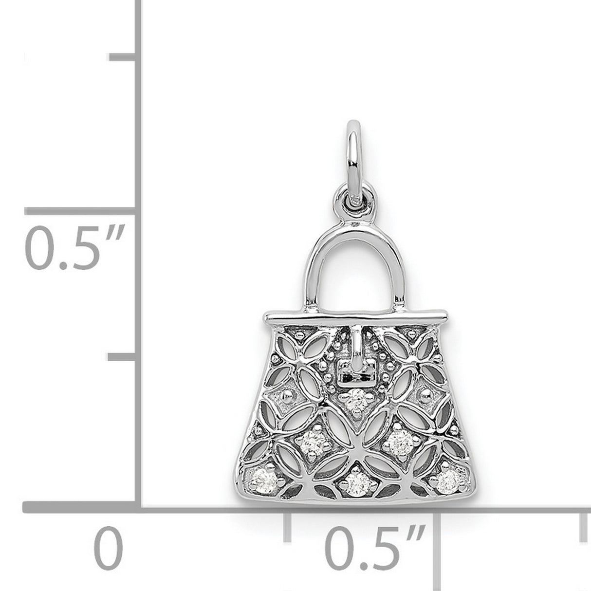 14k White Gold Handbag Charm Pendant with Diamond Accents and Floral Filigree Design