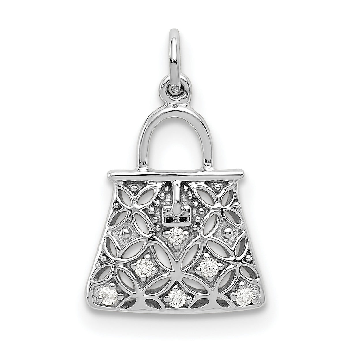 14k White Gold Handbag Charm Pendant with Diamond Accents and Floral Filigree Design