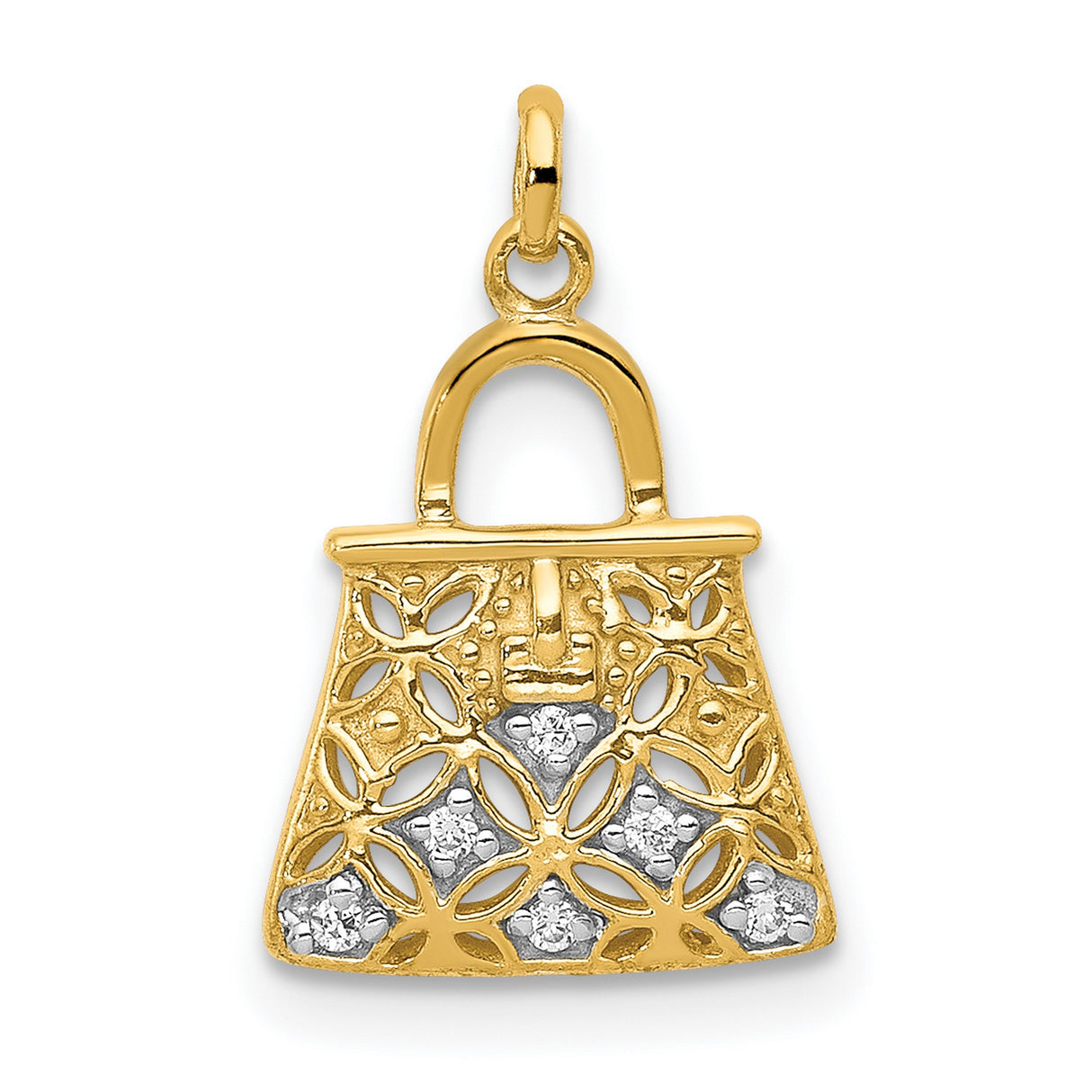14k Multi-Tone Gold Purse Charm Pendant with Diamond Cut Filigree Floral Design