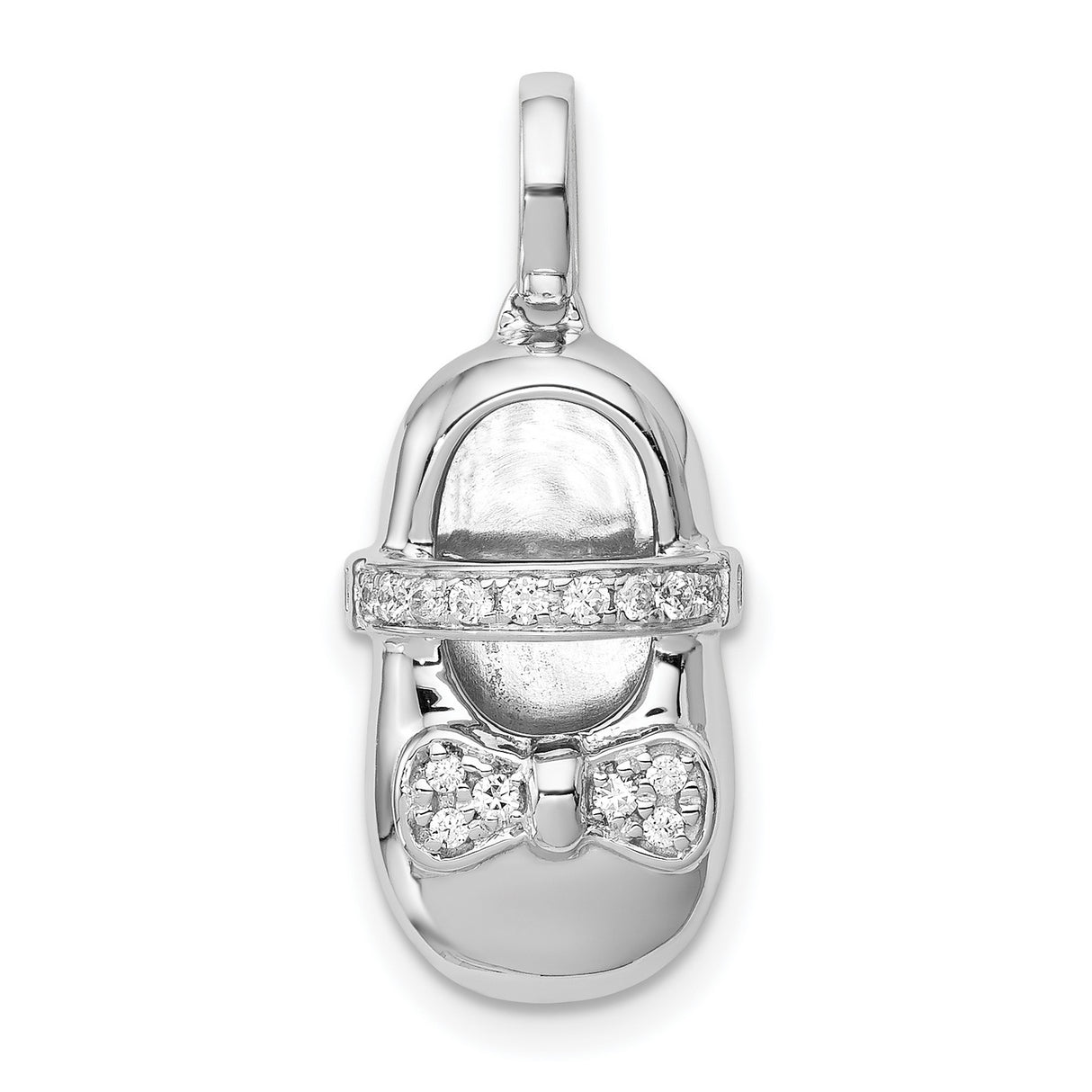 14k White Gold Baby Shoe Pendant with Diamond Accents and Bow Detail