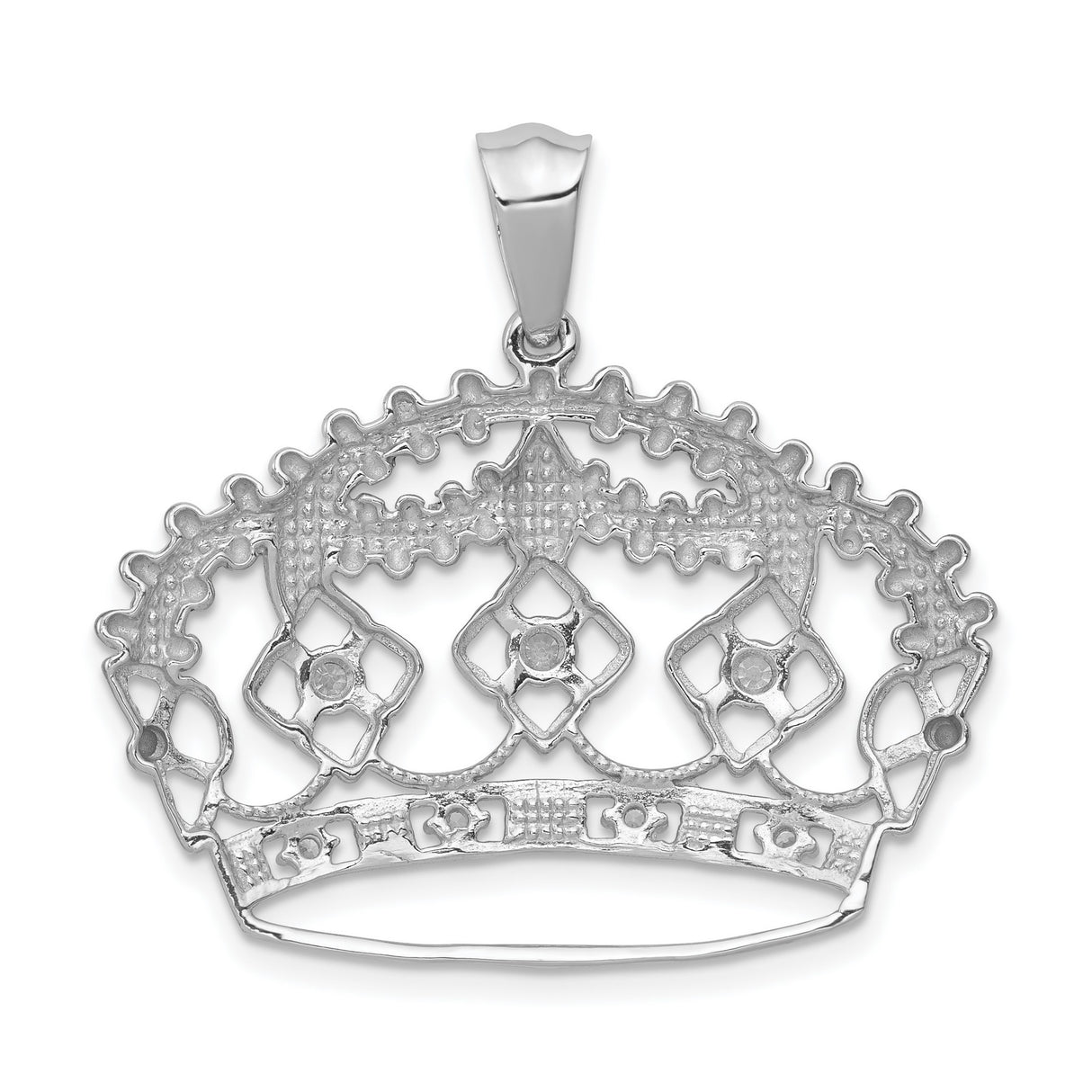 14k White Gold Crown Pendant with Diamond Accents, Intricate Openwork Regal Design