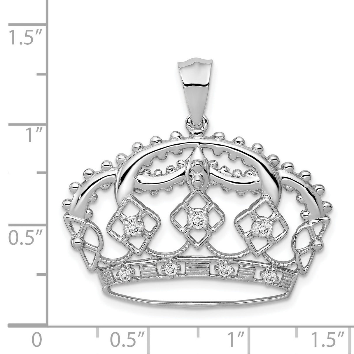 14k White Gold Crown Pendant with Diamond Accents, Intricate Openwork Regal Design