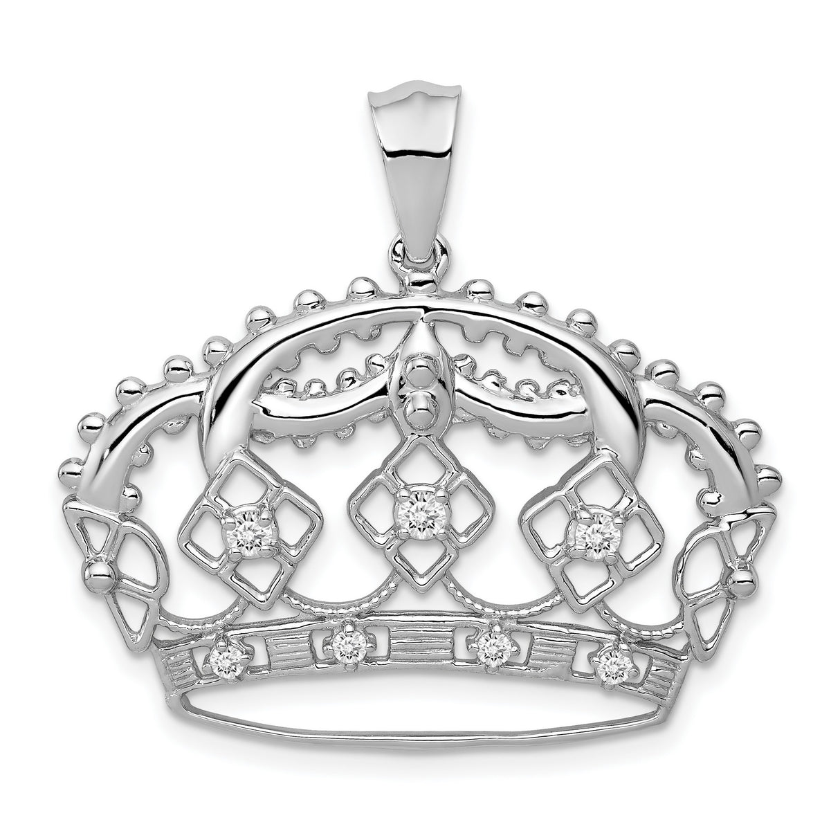 14k White Gold Crown Pendant with Diamond Accents, Intricate Openwork Regal Design