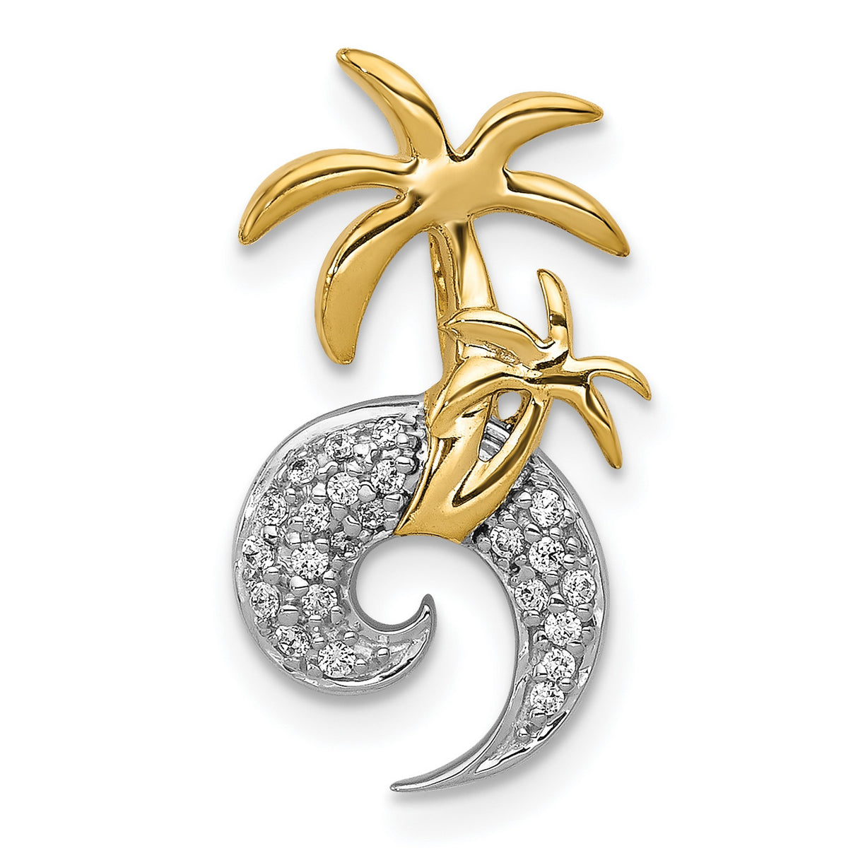 14k Two-Tone Gold Pendant with Diamond Accent, Palm Trees and Ocean Wave Design