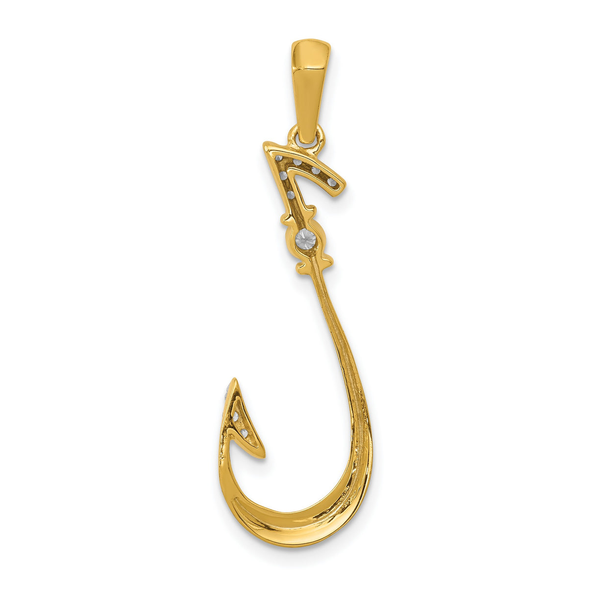 14k Yellow Gold Pendant with Diamond Accents, Fishing Hook and Stylized Number Seven Design