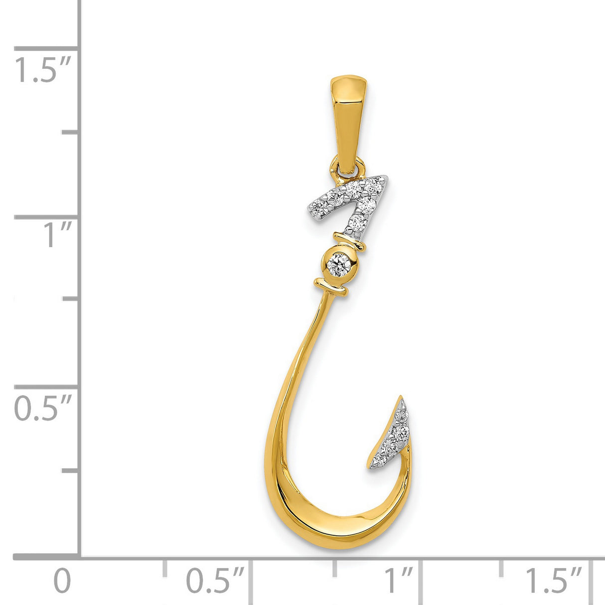 14k Yellow Gold Pendant with Diamond Accents, Fishing Hook and Stylized Number Seven Design