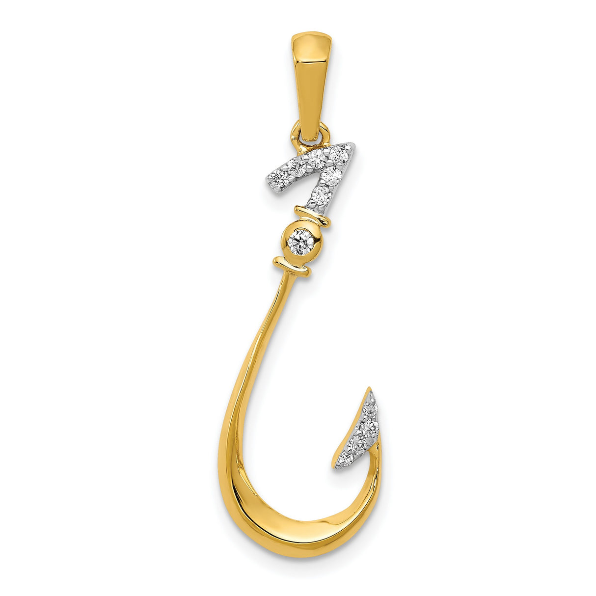 14k Yellow Gold Pendant with Diamond Accents, Fishing Hook and Stylized Number Seven Design