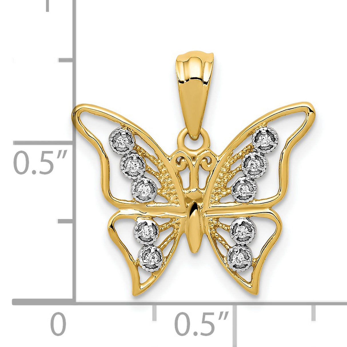 10k Multi-Tone Gold Butterfly Pendant with Rhodium Accents and Openwork Wings