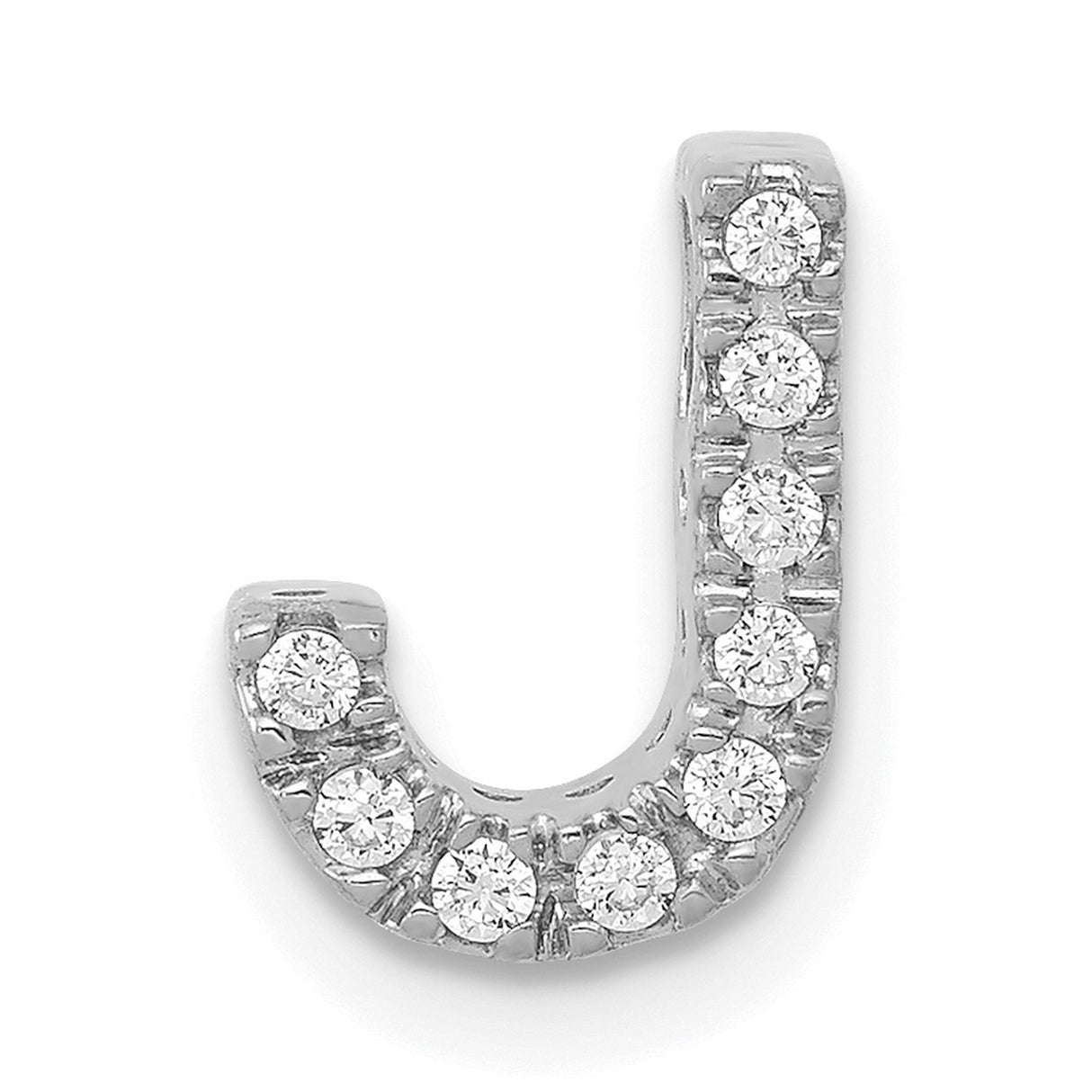 14k White Gold Diamond Initial J Pendant with Pavé Set Round Stones, Polished Alphabet Charm