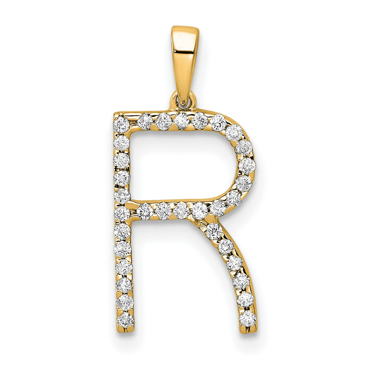14k Yellow Gold Letter R Pendant with Round White Diamonds, Script Initial Charm for Women or Unisex