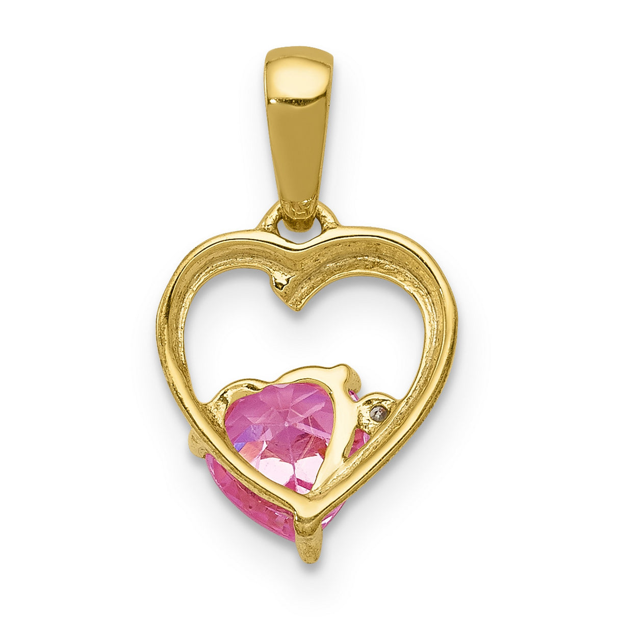 14k Yellow Gold Pendant with Pink Heart Lab Created Sapphire and Diamond Accent, Open Heart Design